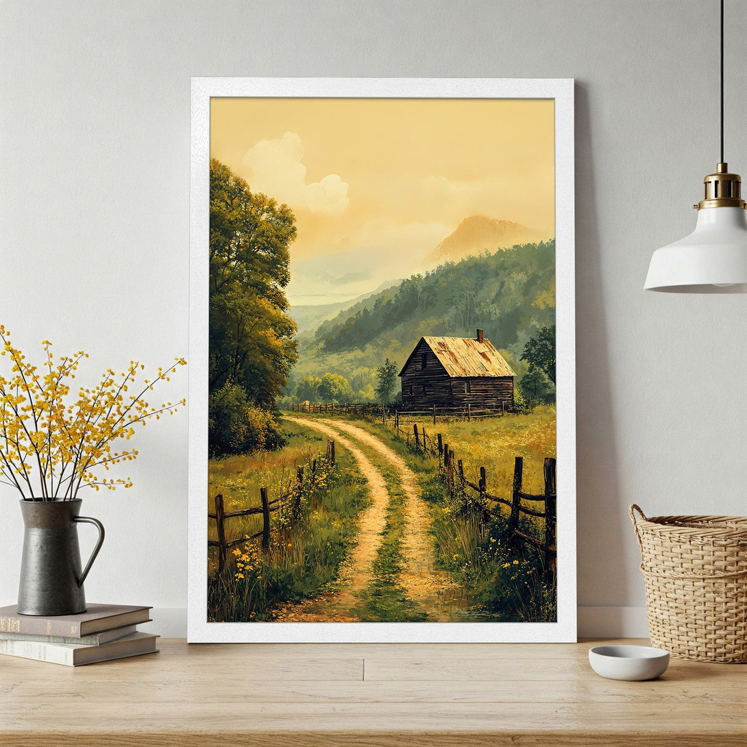 Framed Poster of a serene country road scene with a cabin, in a warm, earthy color palette. Perfect for rustic decor!