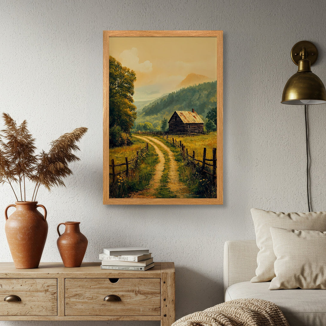 Framed Poster of a rustic landscape with a cabin, painted in a warm, earthy color palette. Perfect for adding a cozy touch to your home!