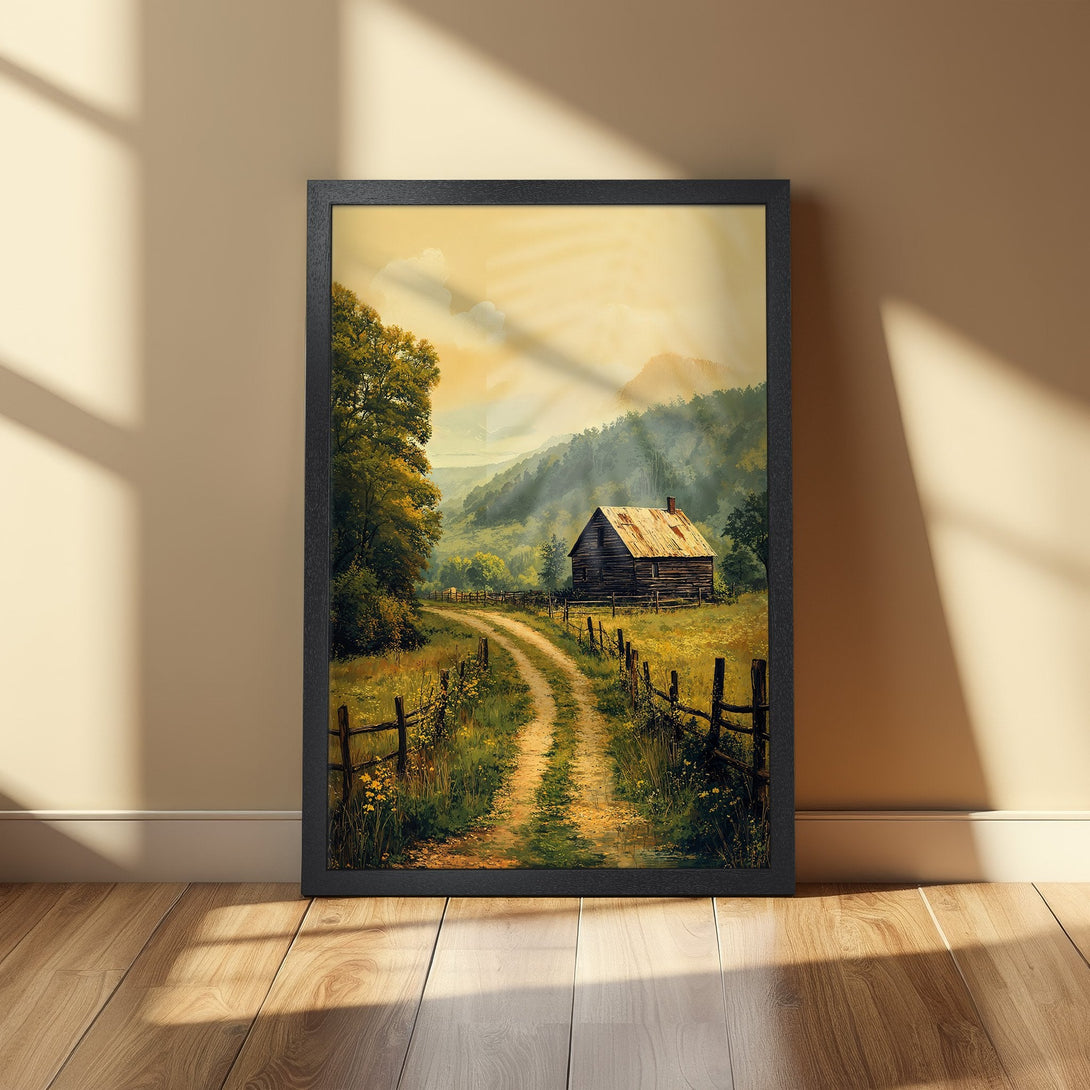 Framed Poster of a rustic cabin scene. Warm, inviting color palette. Perfect for home decor.
