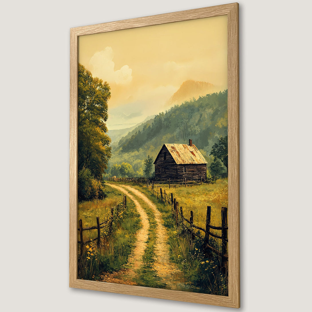 Framed Poster featuring a rustic landscape painting with a cabin, dirt road, and warm color palette. Perfect for home decor!
