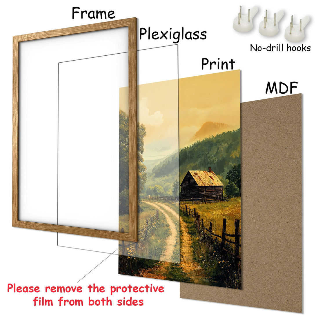 Framed Poster featuring a serene landscape painting in warm, earthy tones. Perfect art for your home decor!