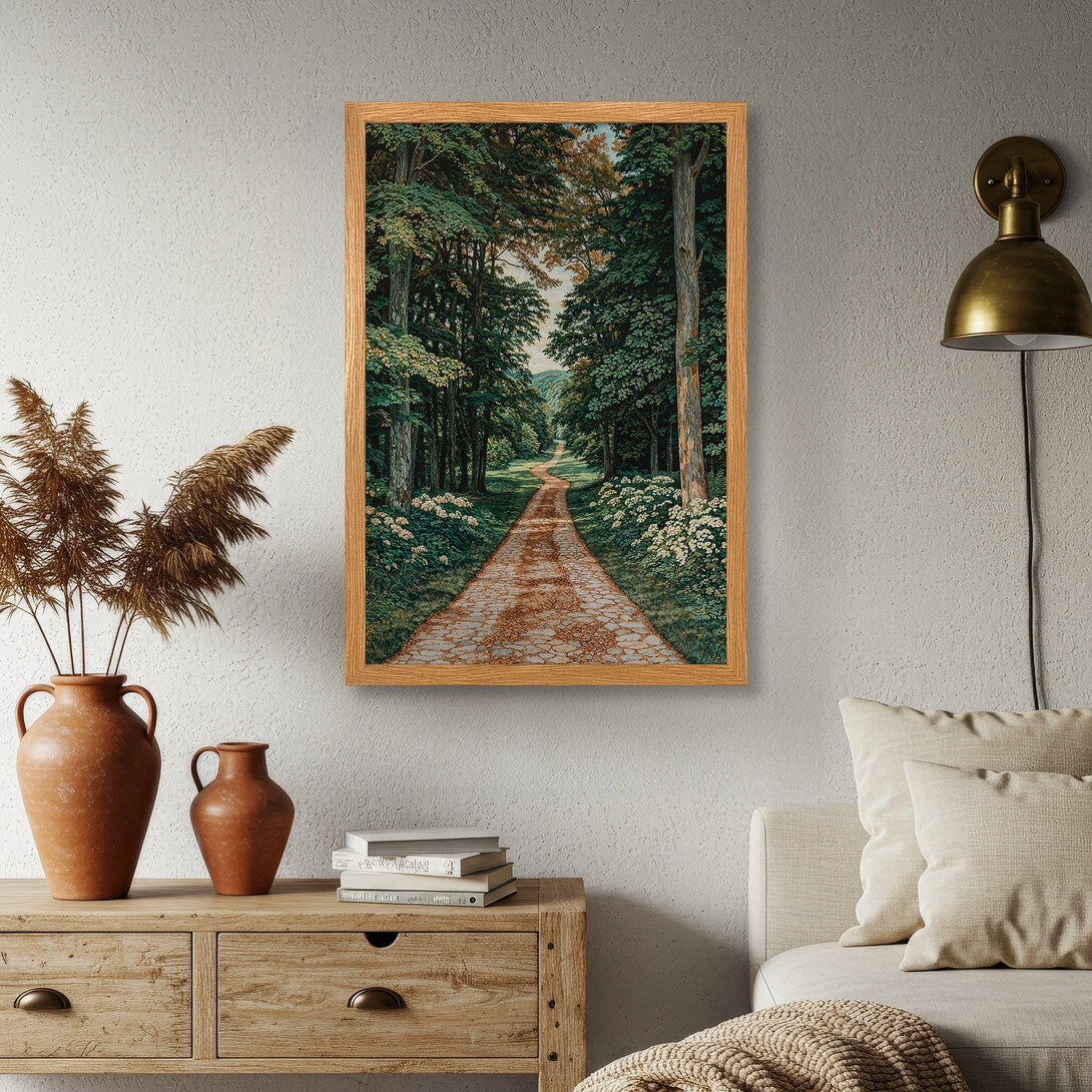 Framed Poster of a serene forest path. Featuring a classic, nature-inspired style with a green and brown color palette. Perfect for home decor.