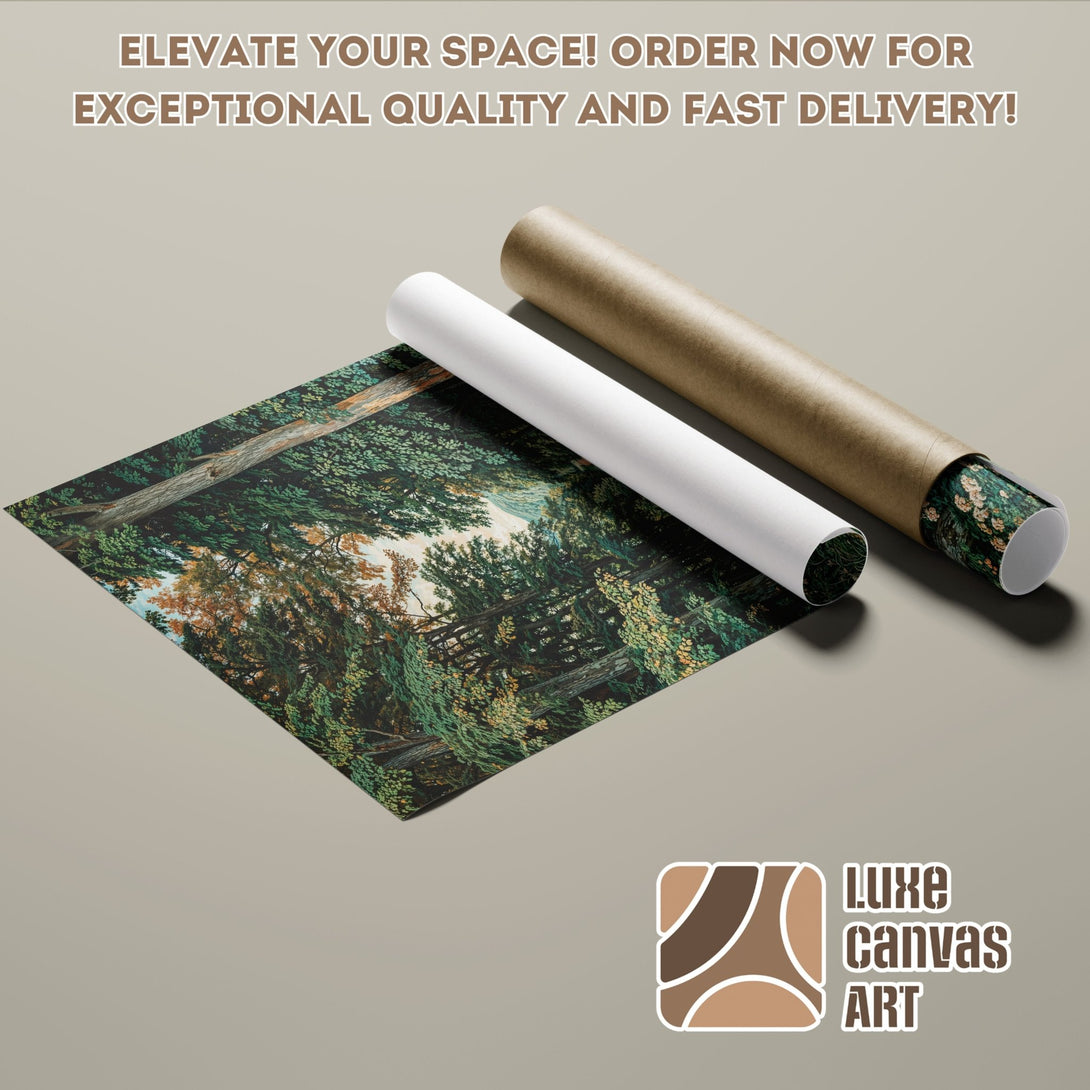 Poster Roll of a forest landscape art print, featuring green and brown tones. Elevate your space with this stunning art!