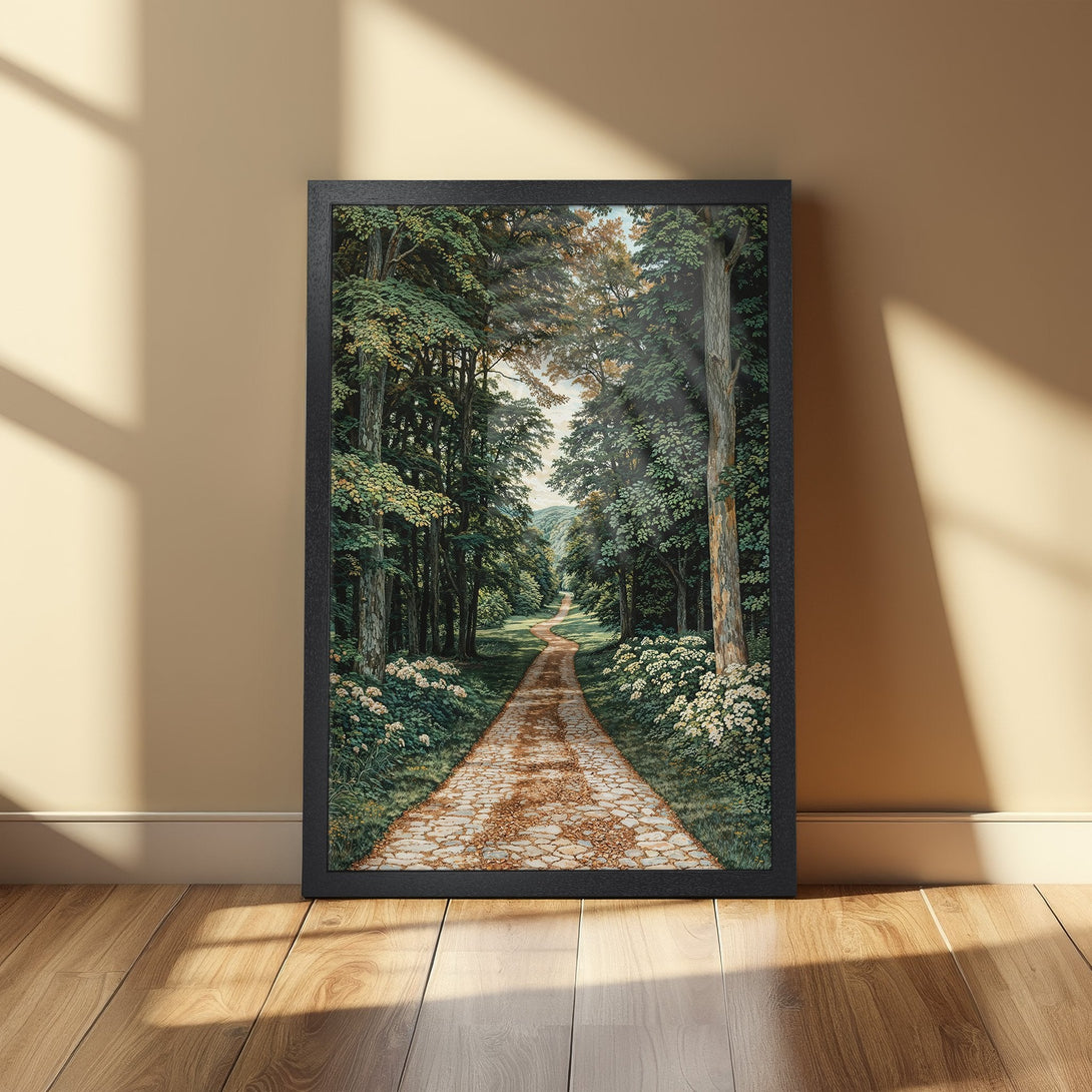 Framed Poster of a serene forest path. Classic style, green and beige color palette. Bring nature's beauty into your home!