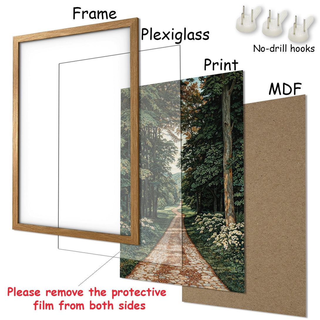 Framed Poster of a serene forest path, featuring a natural color palette. Enhance your space with this beautiful artwork!