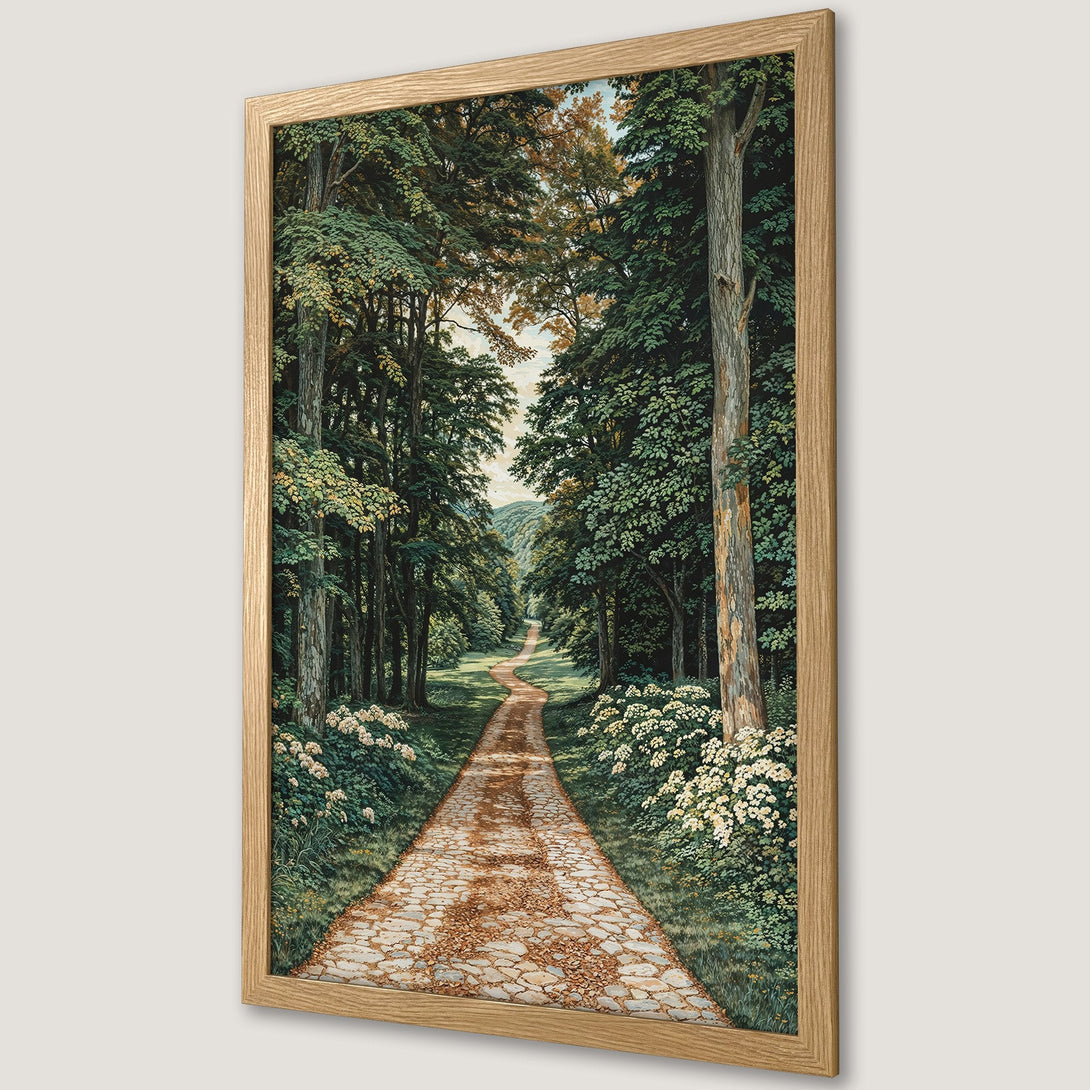 Framed Poster of a forest path. Classic art style with green, brown, and beige tones. Perfect for nature lovers.
