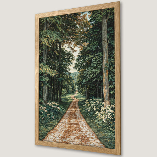 Framed Poster of a forest path. Classic art style with green, brown, and beige tones. Perfect for nature lovers.