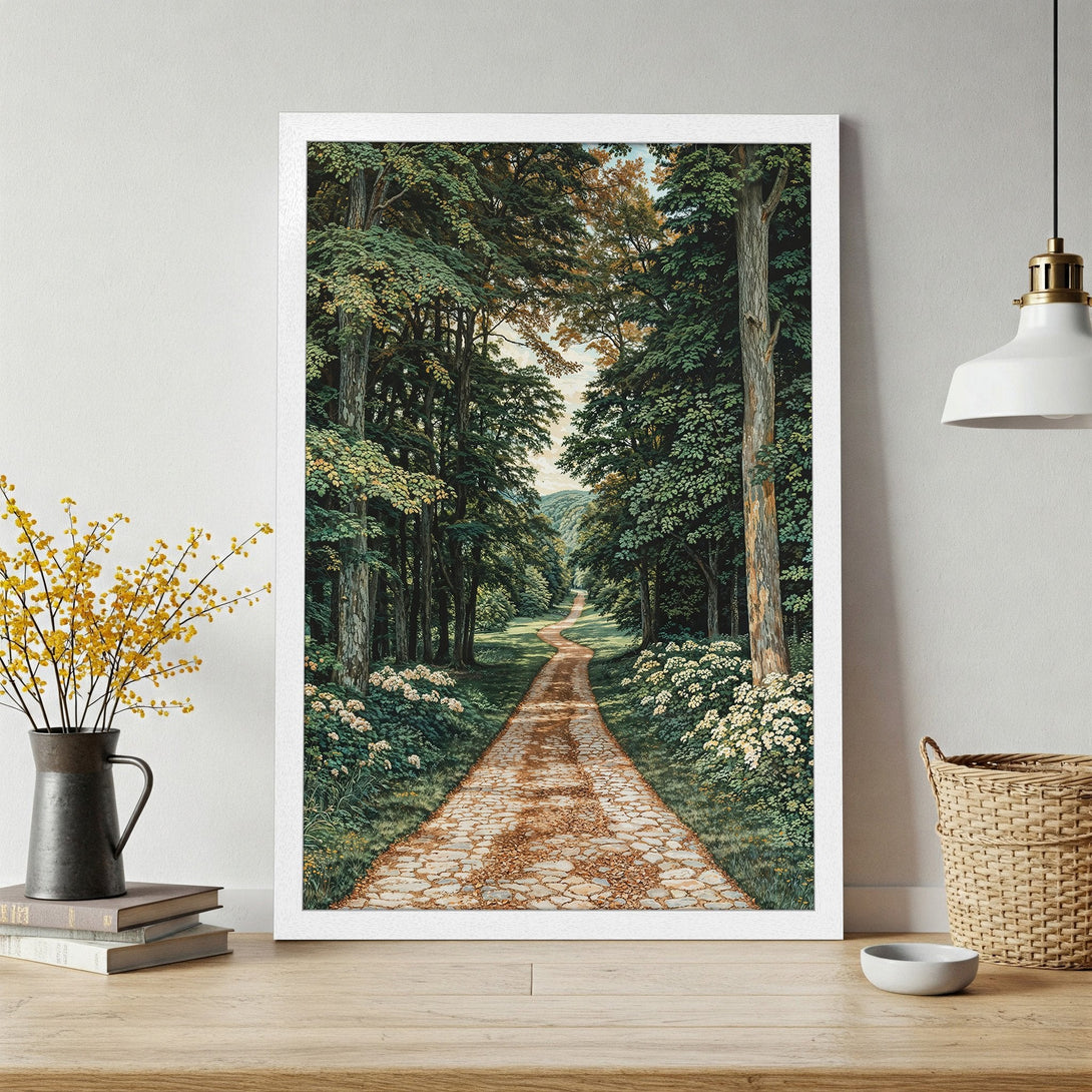 Framed Poster of a serene forest path in a vintage style. Earthy tones of green, brown, and beige create a calming aesthetic. Perfect wall art!