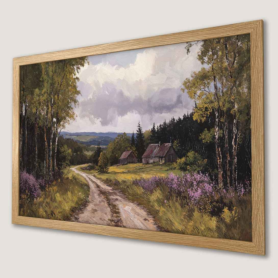Framed Poster: Scenic landscape art print with a rustic road, trees, and a natural color palette. Perfect wall decor!
