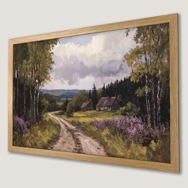 Framed Poster: Scenic landscape art print with a rustic road, trees, and a natural color palette. Perfect wall decor!
