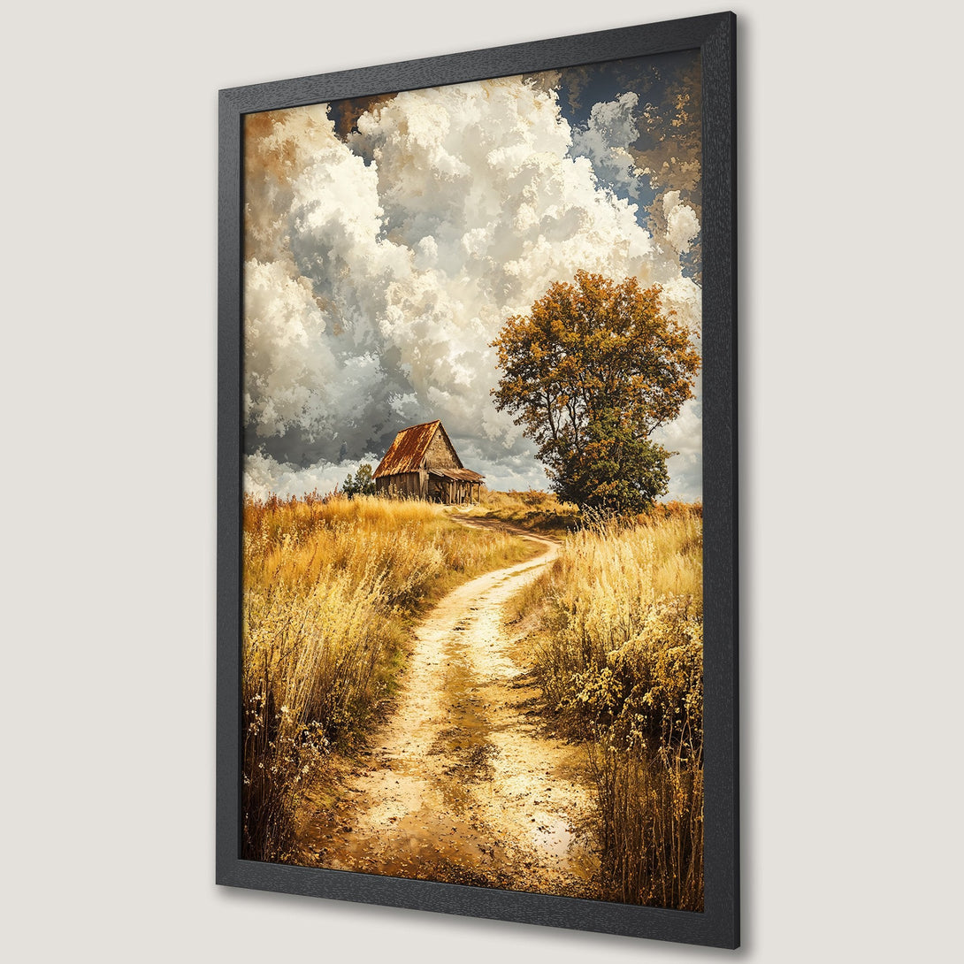 Framed Poster of a rustic landscape with a barn and path, in a warm, earthy color palette. Perfect for home decor.