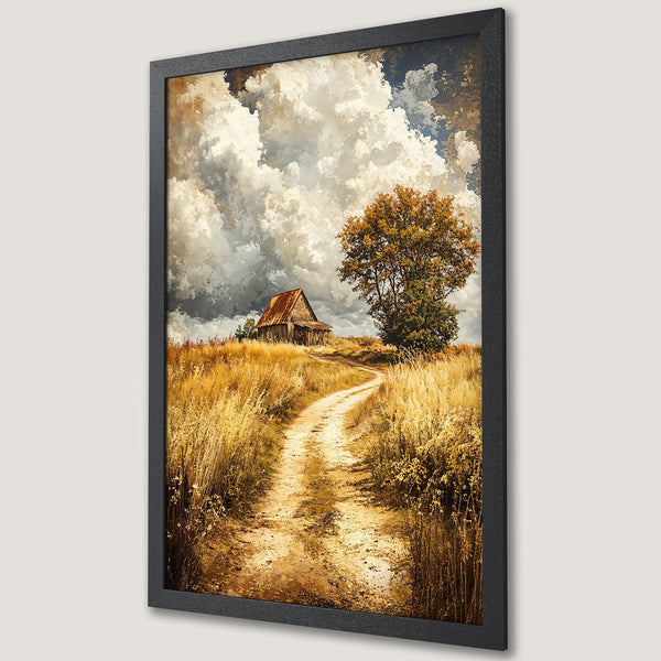 Framed Poster of a rustic landscape with a barn and path, in a warm, earthy color palette. Perfect for home decor.
