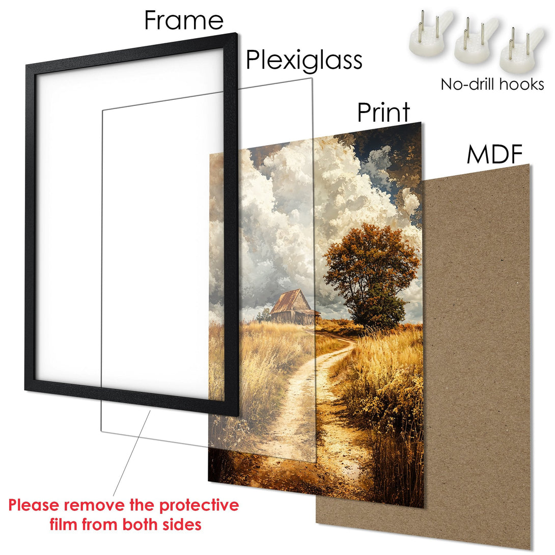 Framed Poster with a scenic landscape print in warm tones. Add rustic charm to your space with this beautiful Poster!
