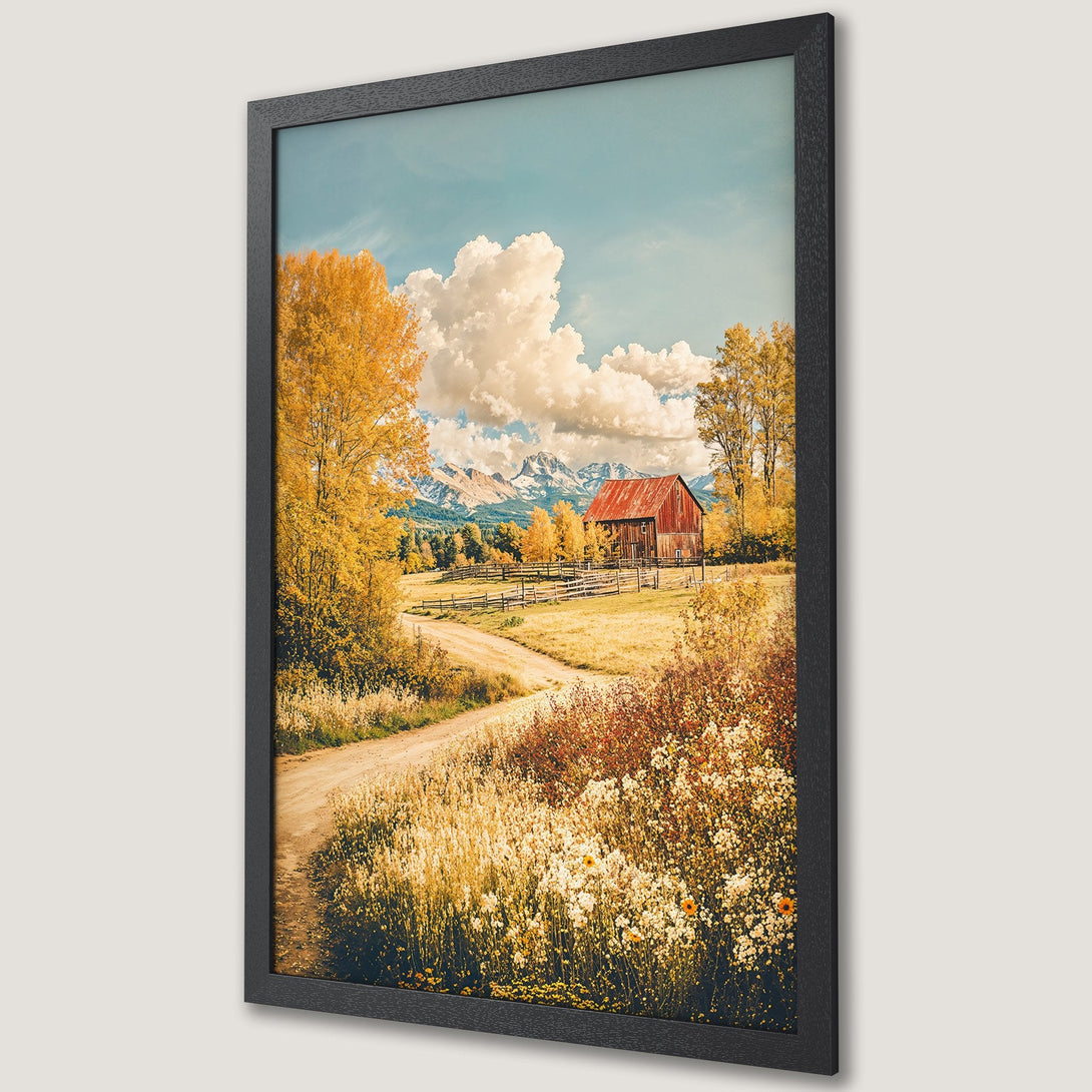 Framed Poster of a rustic barn scene with fall foliage. Warm color palette, capturing a serene landscape. Perfect for home decor.
