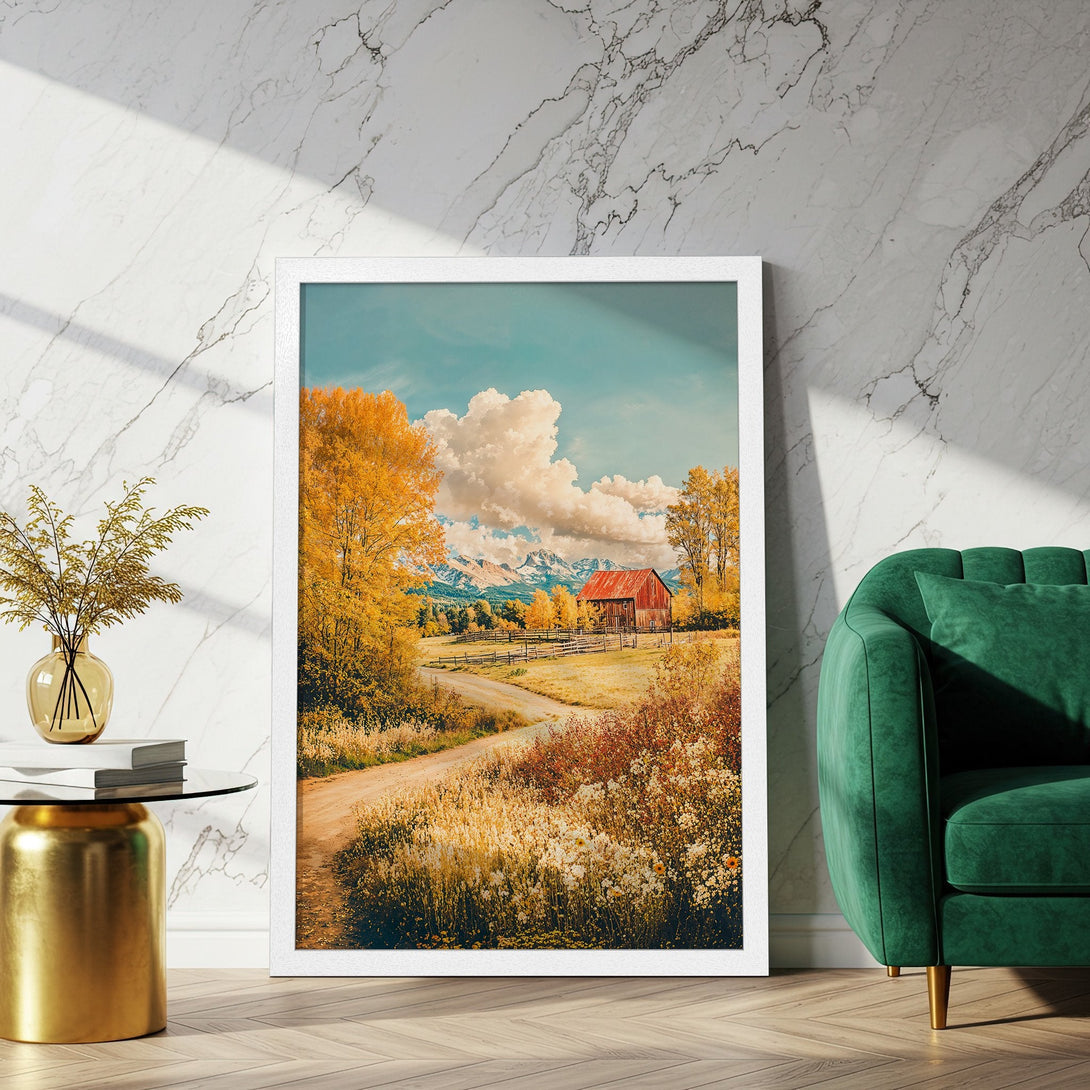 Framed Poster featuring a scenic landscape with a red barn, warm autumn colors, and a touch of teal. Perfect for cozy decor!