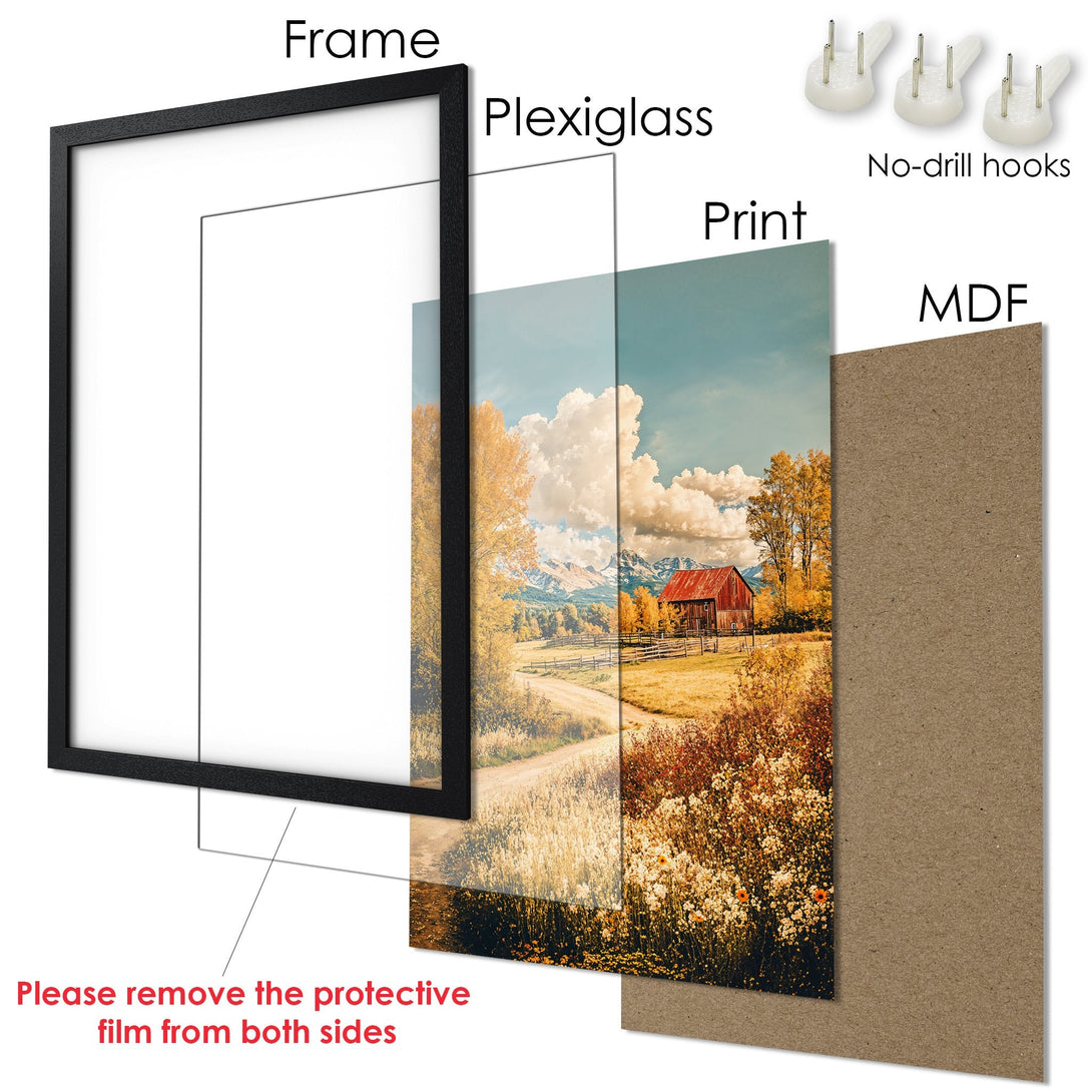 Framed Poster featuring a rustic barn scene with warm autumn colors. Perfect wall art for any home!