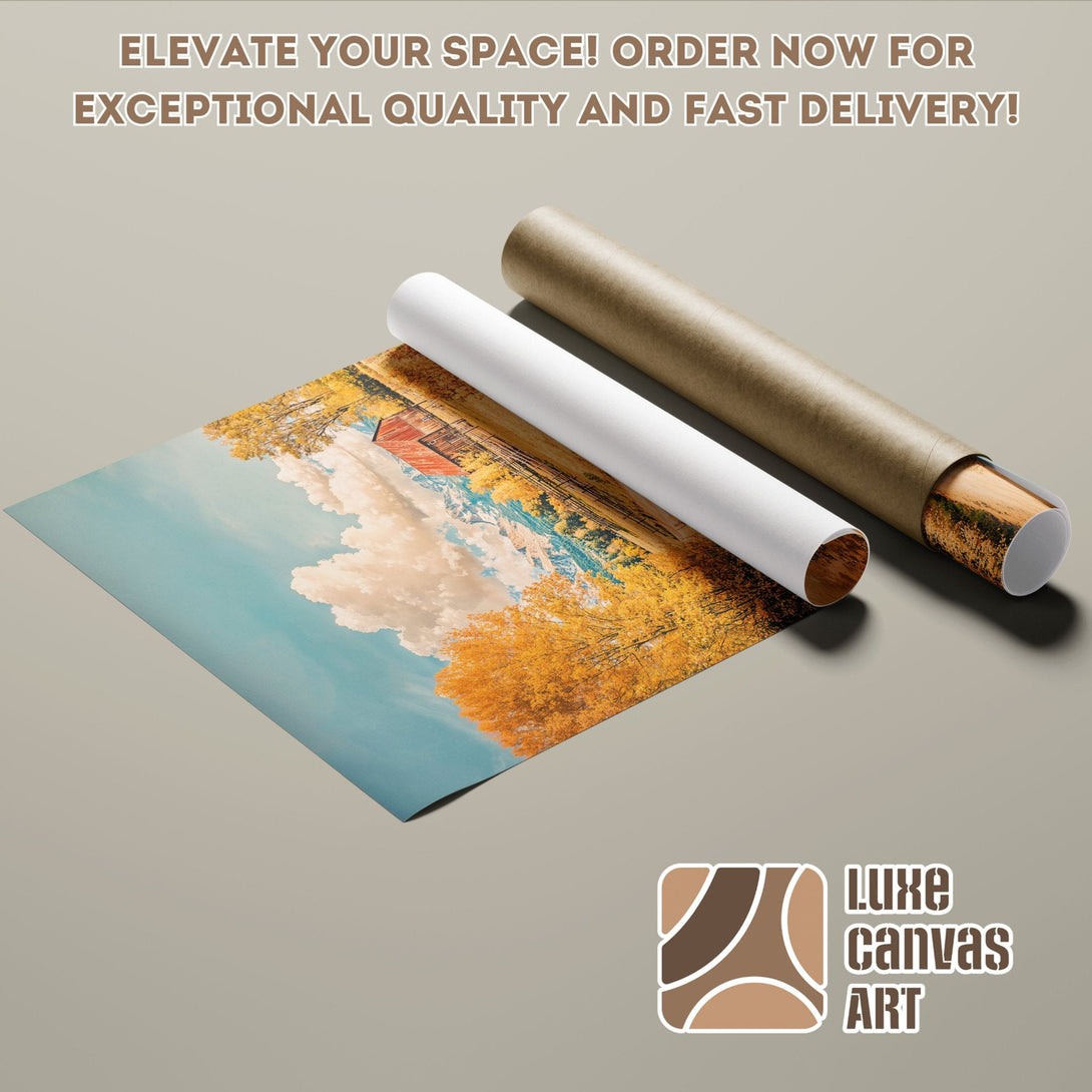 Poster Roll featuring a landscape scene with autumn colors and a blue sky.