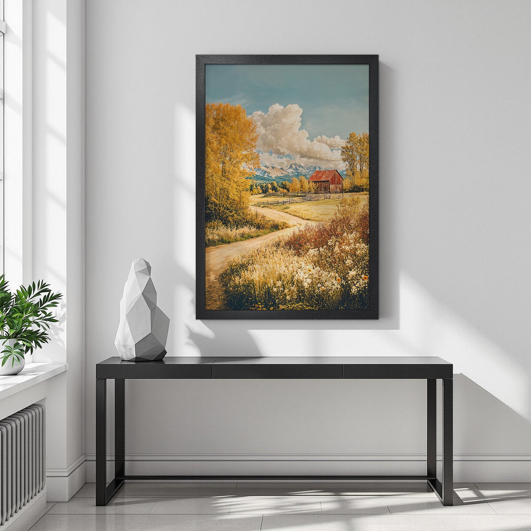 Framed Poster featuring a rustic landscape with a barn. Warm, earthy tones and a vintage style for a cozy home decor.
