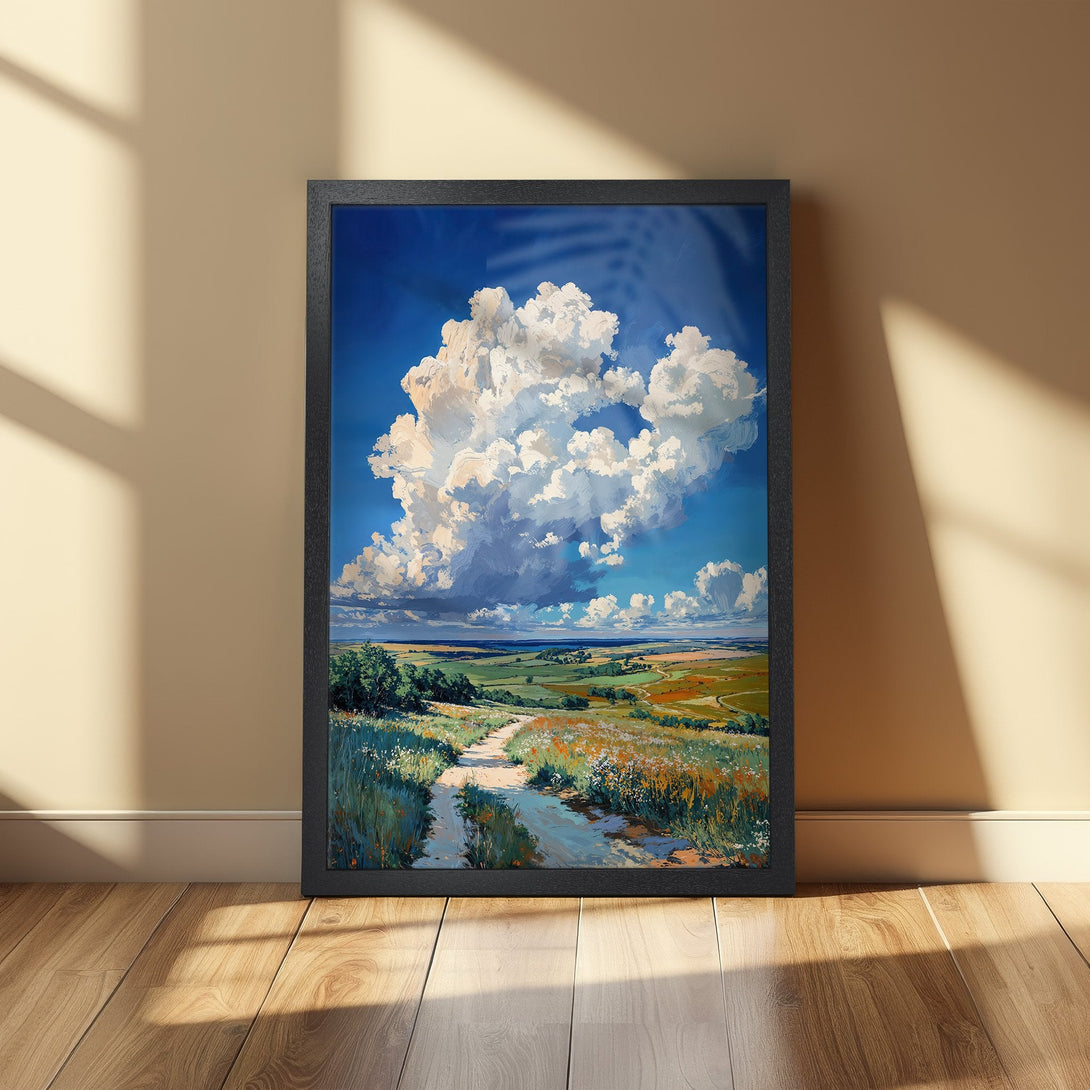 Framed Poster featuring a vibrant landscape painting with a dramatic cloudscape, warm earth tones and blue sky. Perfect wall art.