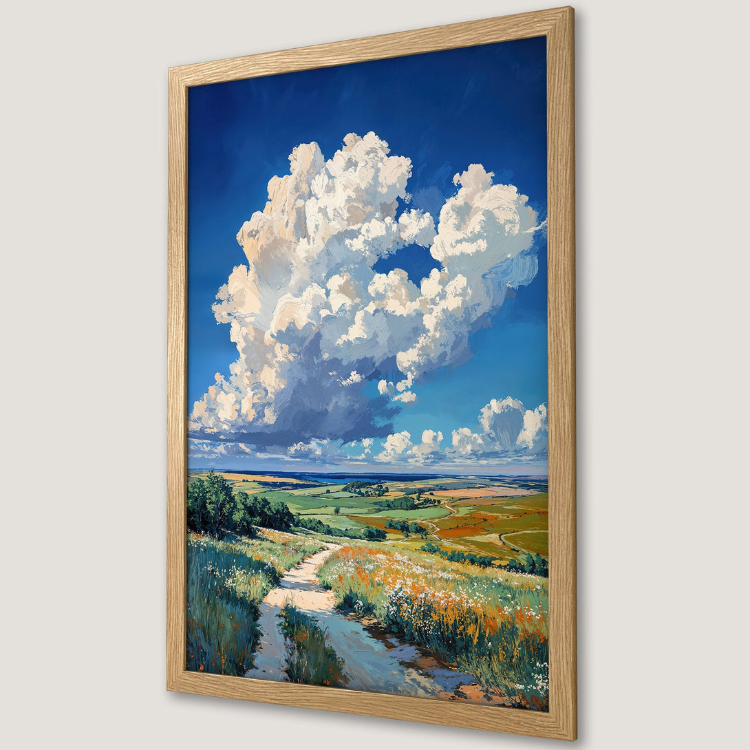 Framed Poster of a scenic landscape with a bright blue sky, fluffy clouds, and rolling hills. Vibrant colors and impressionistic style.
