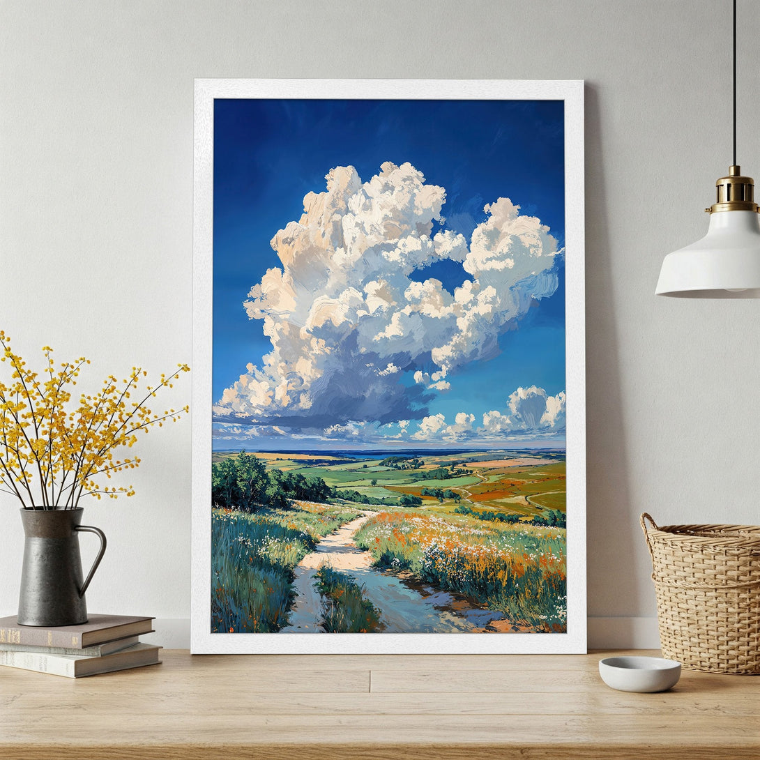 Framed Poster of a vibrant landscape with a large cloud. Impressionistic style, blue, green, and yellow color palette. Perfect wall art.