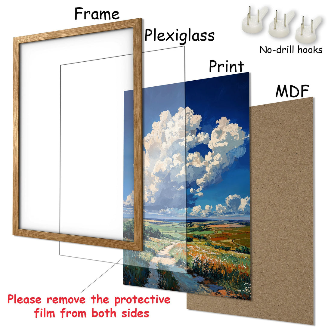 Framed Poster of a landscape with a blue sky and clouds, impressionistic style, vibrant colors. Ready to hang art.
