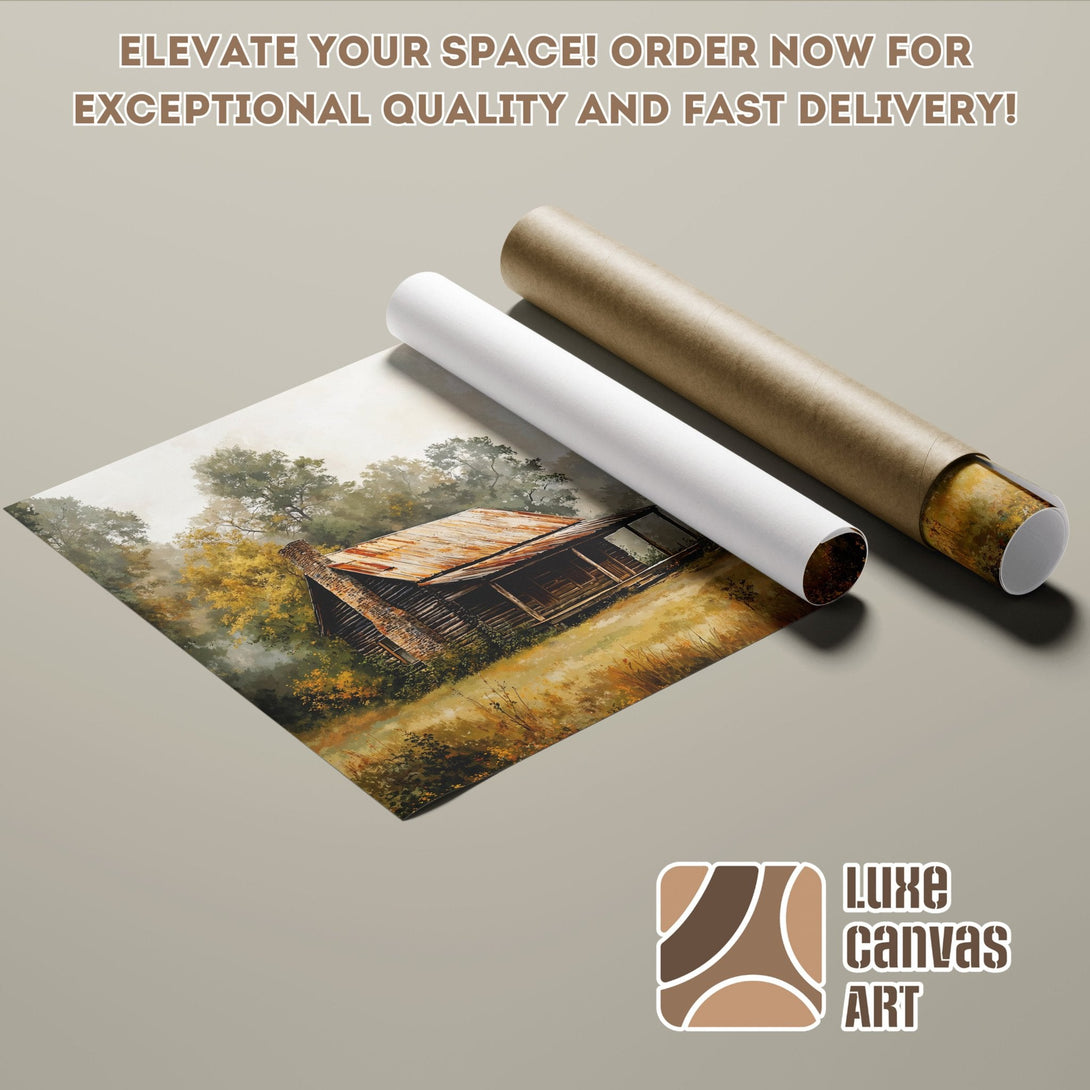 Poster Roll of rustic cabin art, warm color palette, perfect for home decor. Order now!