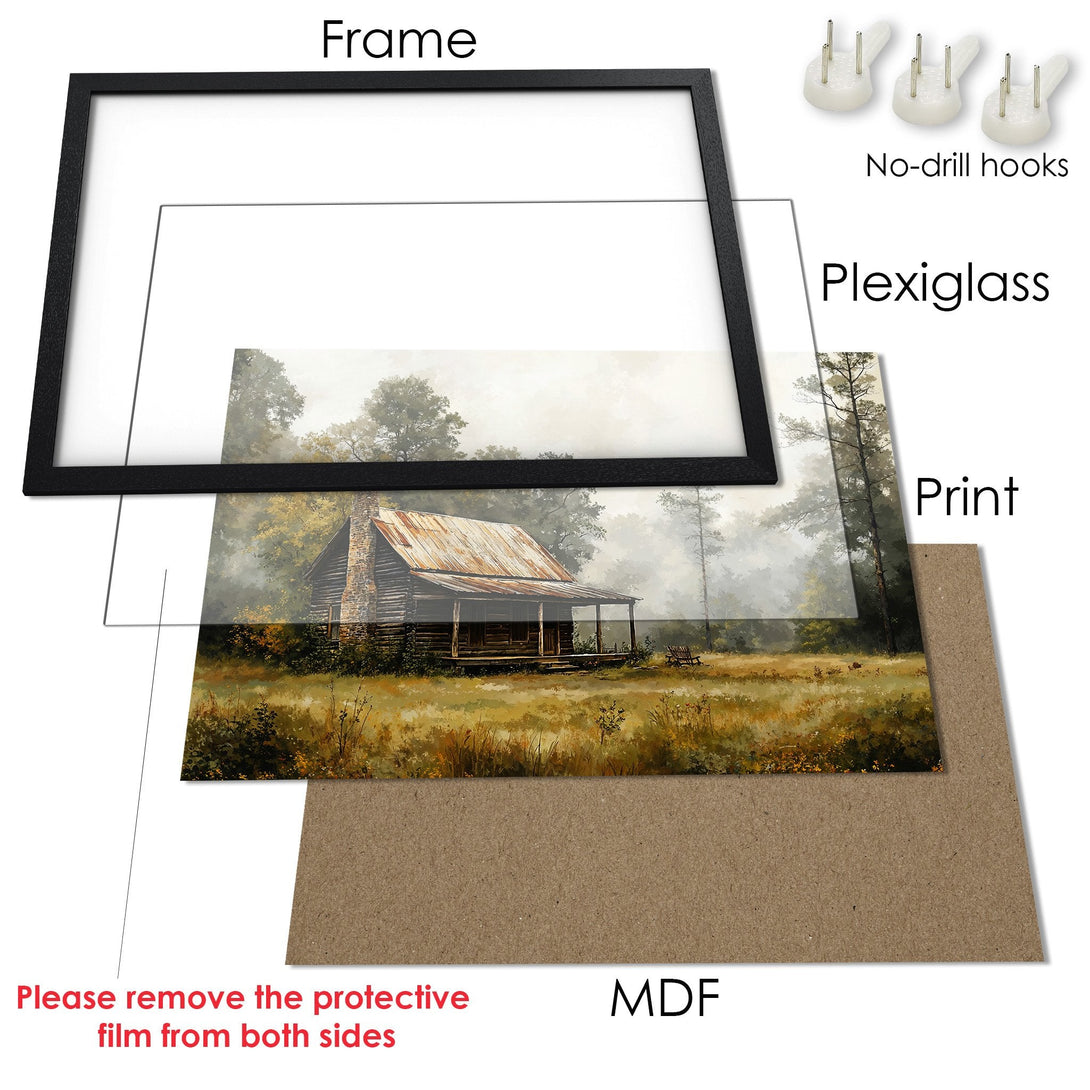 Framed Poster of a rustic cabin in a serene landscape. Earthy tones and a painterly style create a cozy feel. Ready to hang!