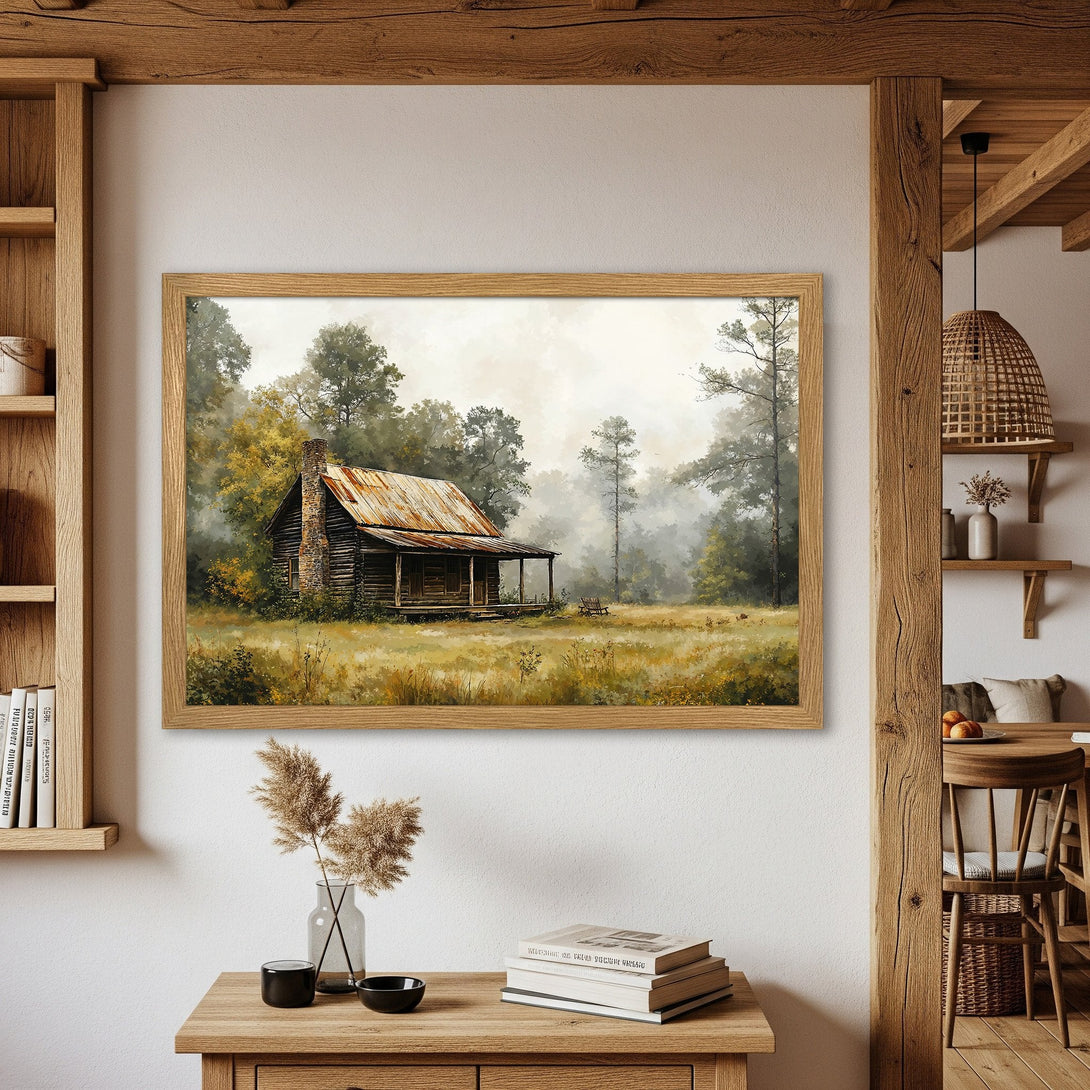 Framed Poster featuring a rustic cabin in a serene landscape, painted in a soft, natural color palette. Perfect for home decor!