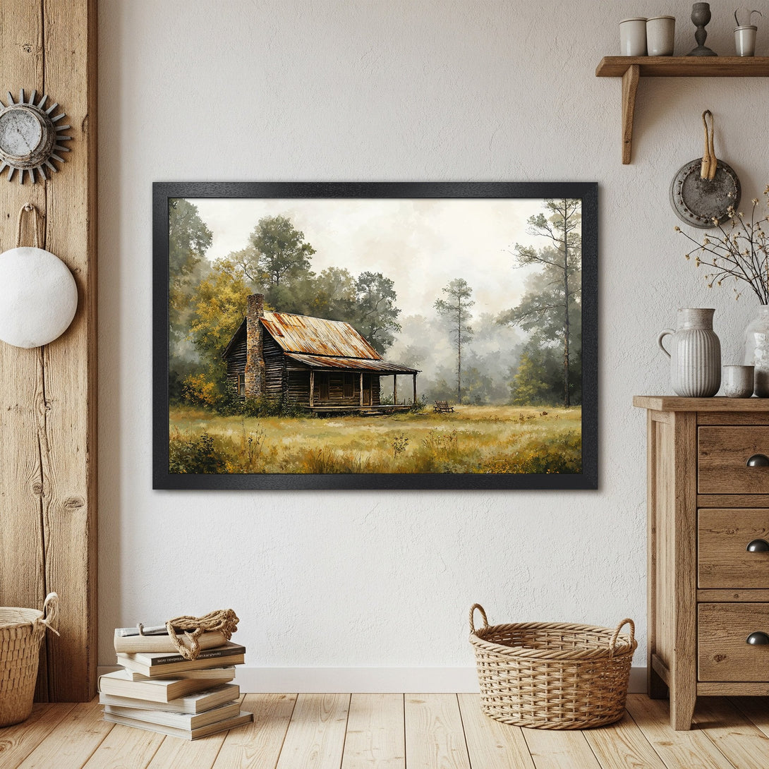 Framed Poster of a rustic cabin in a forest, warm earthy tones and a painterly style. Perfect wall art for cozy decor.