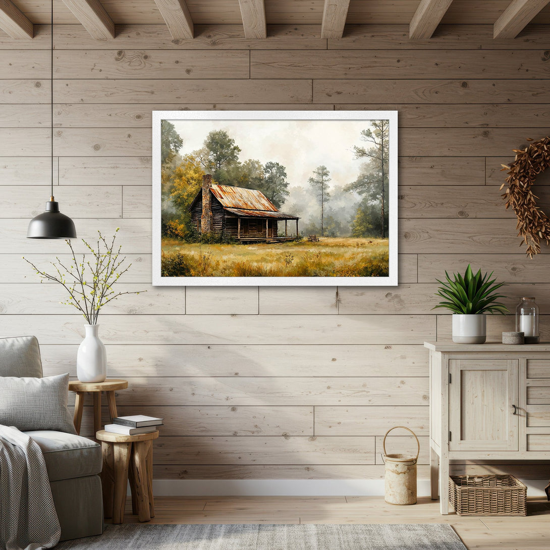 Framed Poster of a rustic cabin in a serene landscape, warm earthy tones, perfect for cozy decor.