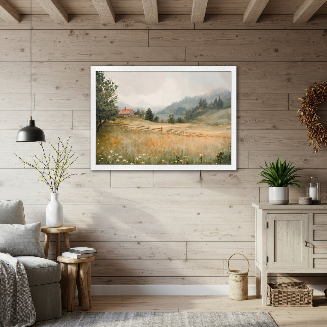 Framed Poster of a serene landscape painting in a rustic style with a warm, earthy color palette. Perfect for home decor!