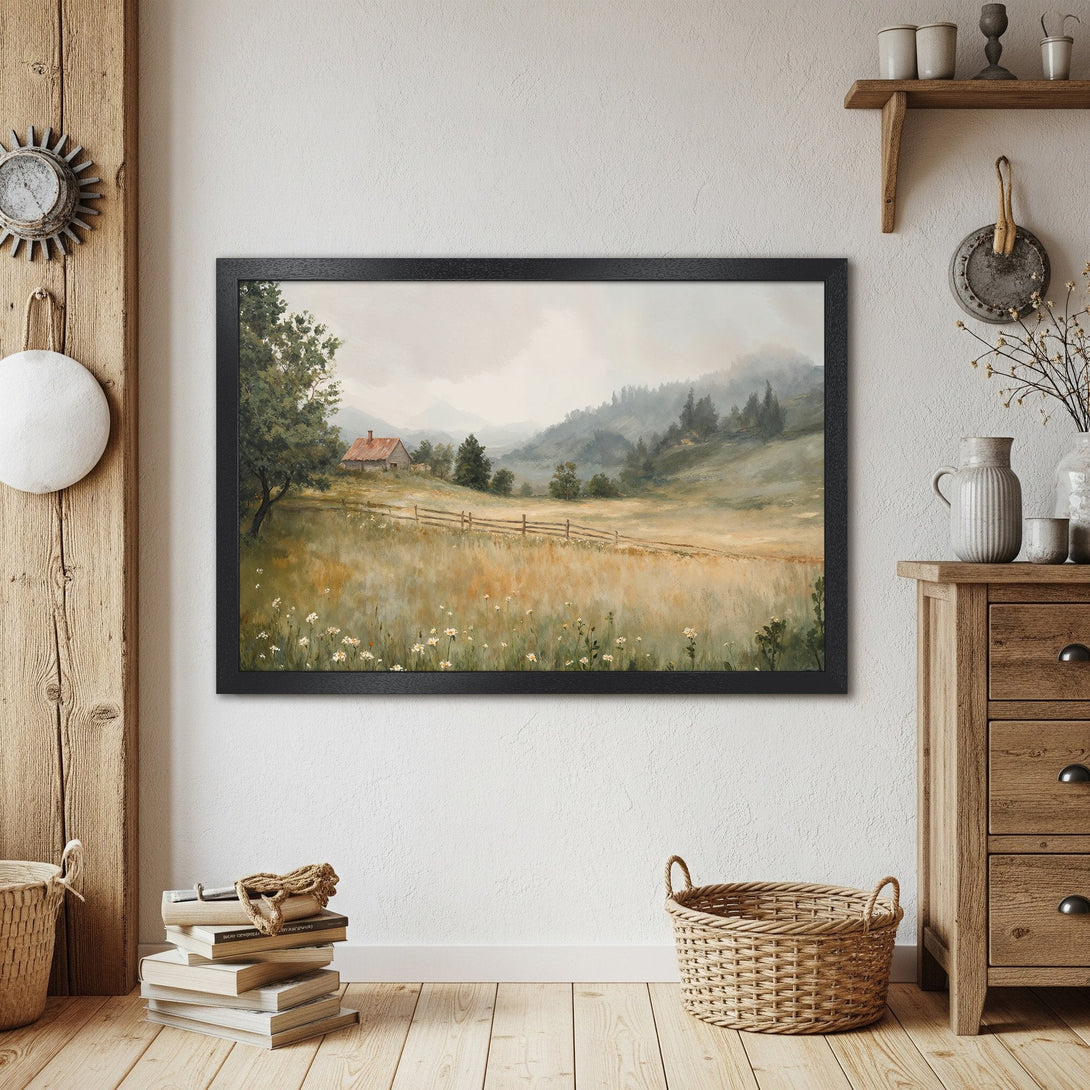 Framed Poster of a serene landscape painting in muted earth tones. Rustic style, perfect for home decor.