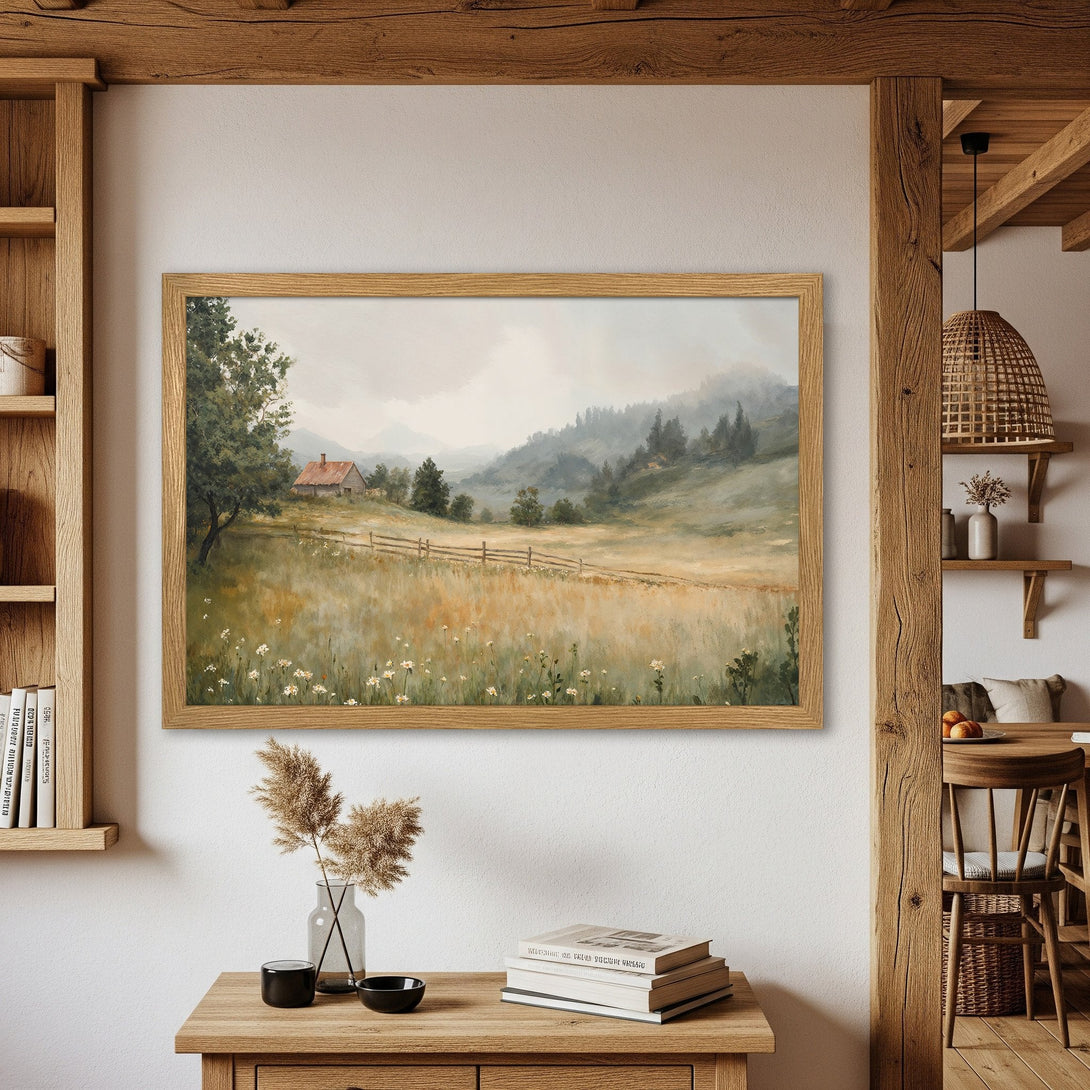 Framed Poster of a serene landscape painting in a rustic style with a warm, earthy color palette. Perfect wall art!