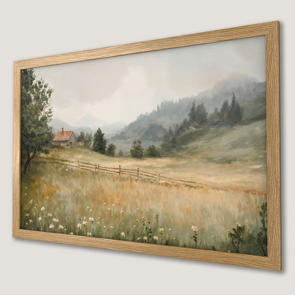 Framed Poster: Serene landscape art print with muted green, brown, and beige tones. Rustic cabin in a field. Perfect wall decor.