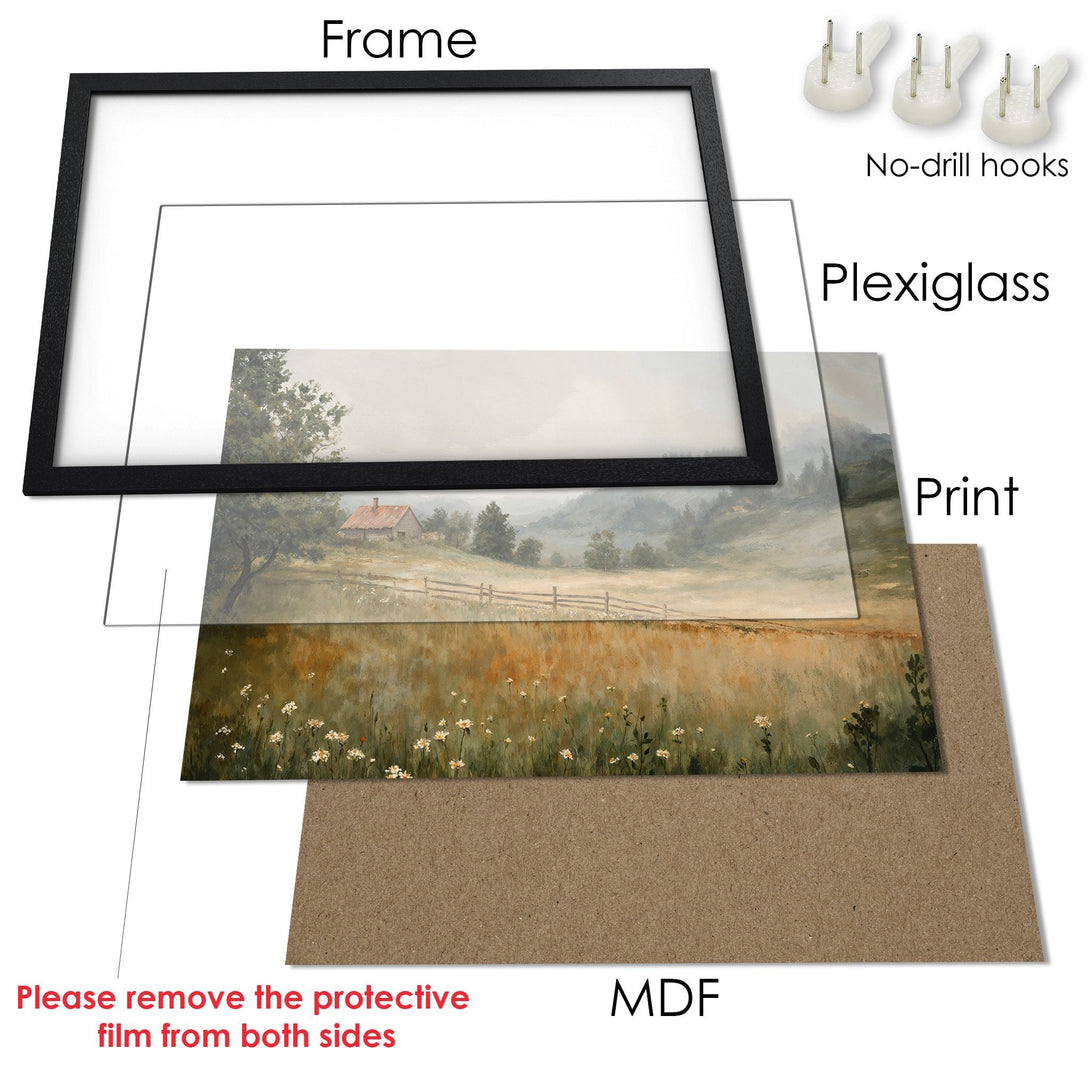 Framed Poster: Landscape art print with a black frame, featuring a serene countryside scene in muted earth tones. Perfect wall decor.