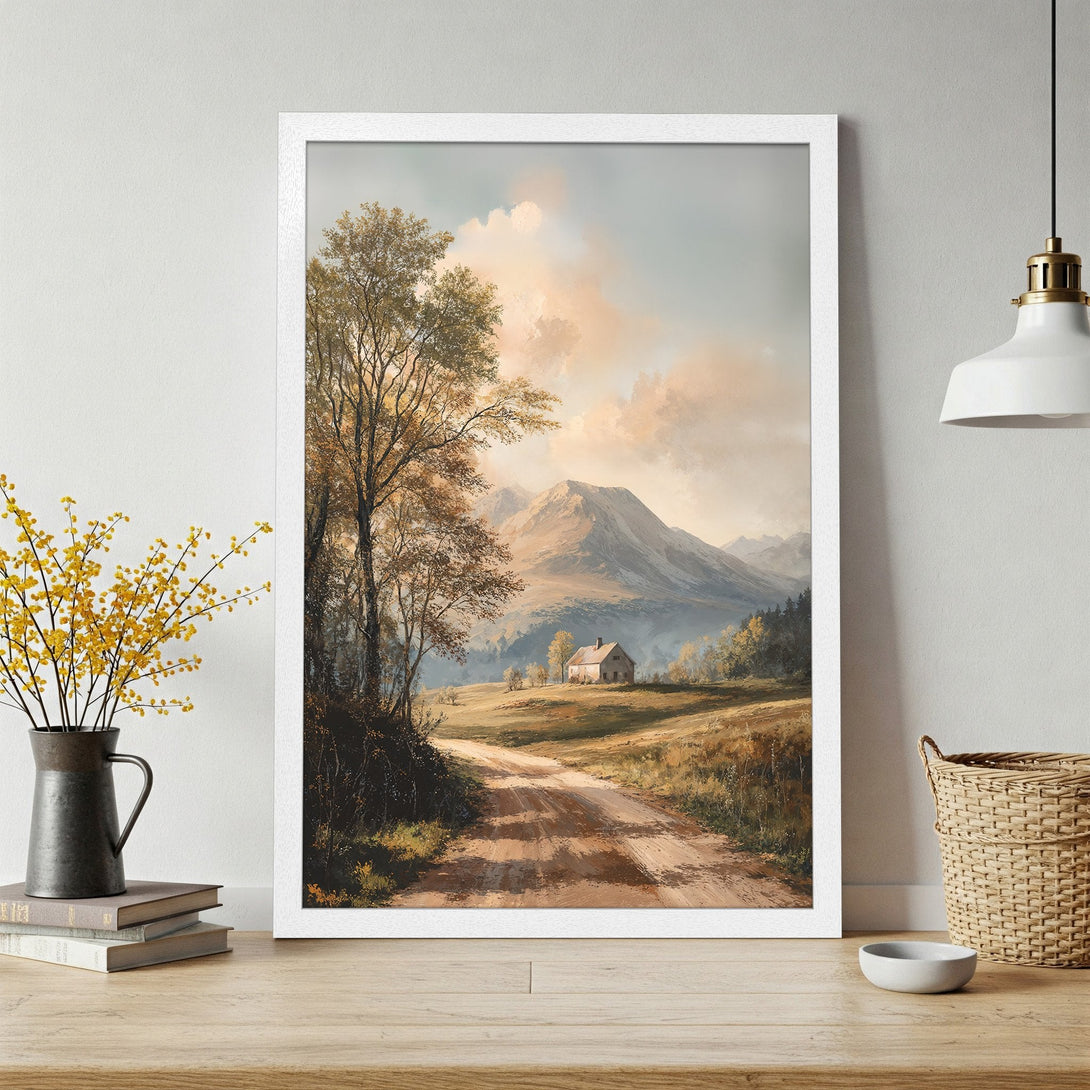 Framed Poster: Serene landscape art print with a warm color palette. Mountain view poster in a white frame.