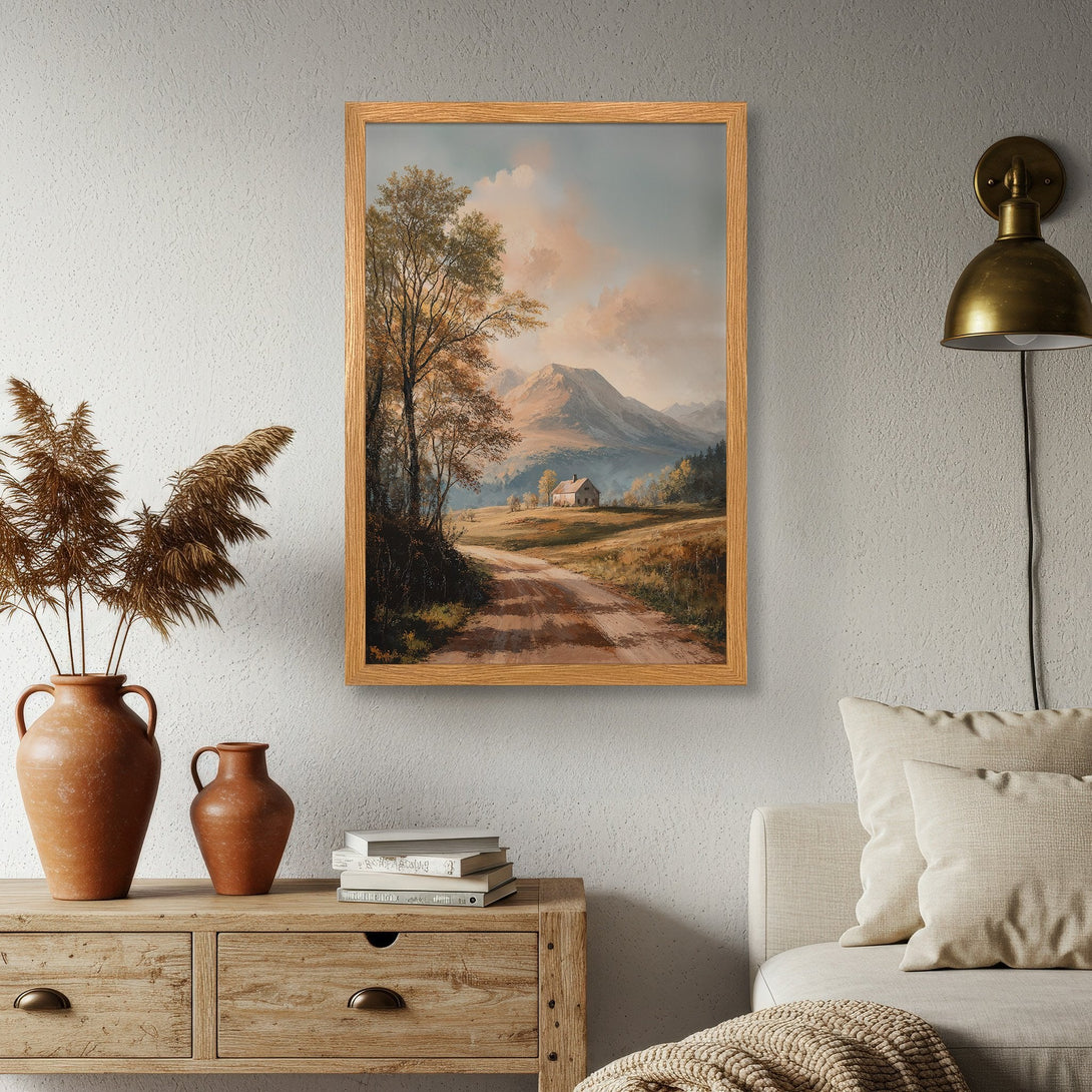 Framed Poster of a serene landscape painting in warm earth tones. Rustic art style perfect for home decor.