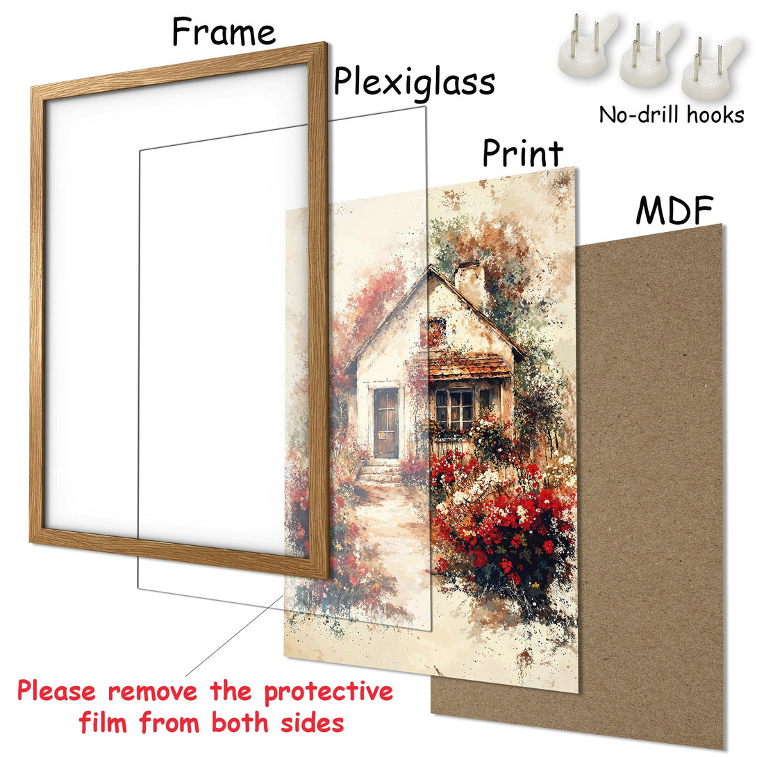 Framed Poster of a charming cottage in watercolor style, featuring warm earth tones and vibrant red flowers. Perfect wall art!