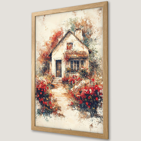 Framed Poster of a charming cottage with vibrant red flowers, watercolor style art, warm color palette. Perfect wall decor!