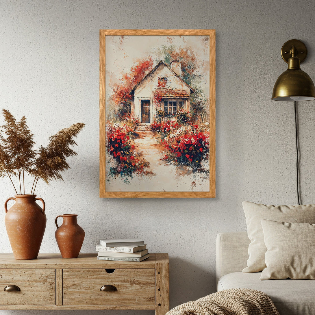 Framed Poster of a charming cottage in watercolor style, featuring a warm color palette with reds, greens, and beige. Perfect wall art!