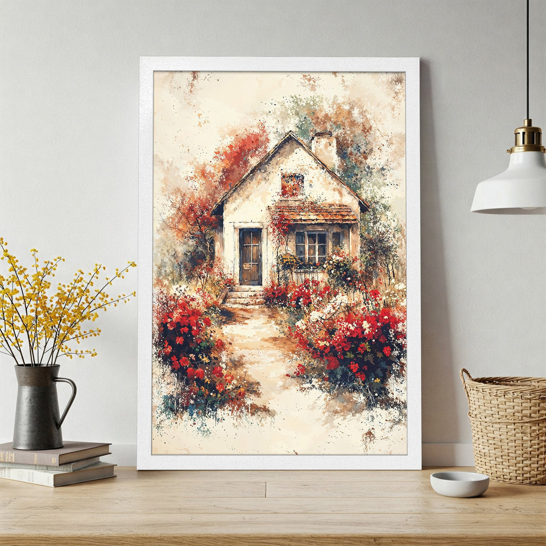 Framed Poster of a charming cottage in watercolor style with red and beige color palette, perfect for home decor.