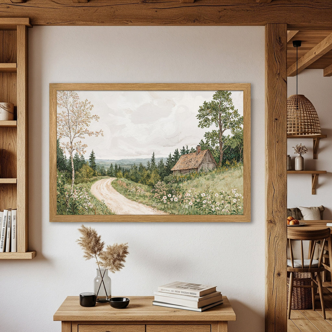Framed Poster of a serene landscape with a cabin. Rustic style, soft neutral color palette. Perfect wall art for a cozy home.