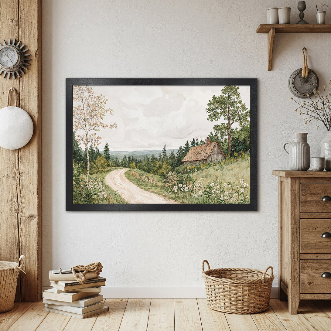 Framed Poster of a scenic landscape with a cabin, in a rustic style with a neutral color palette. Perfect wall art!