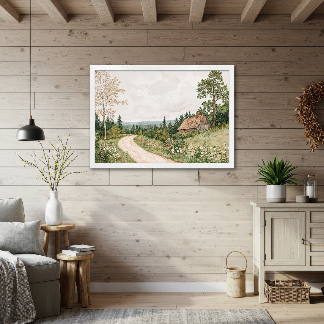 Framed Poster featuring a serene countryside scene. Watercolor style with a warm, neutral color palette. Perfect for adding a touch of nature to your home.