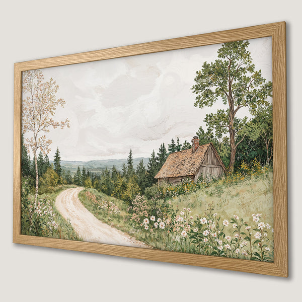 Framed Poster of a serene landscape painting with a cabin, in a soft, natural color palette. Perfect for home decor.