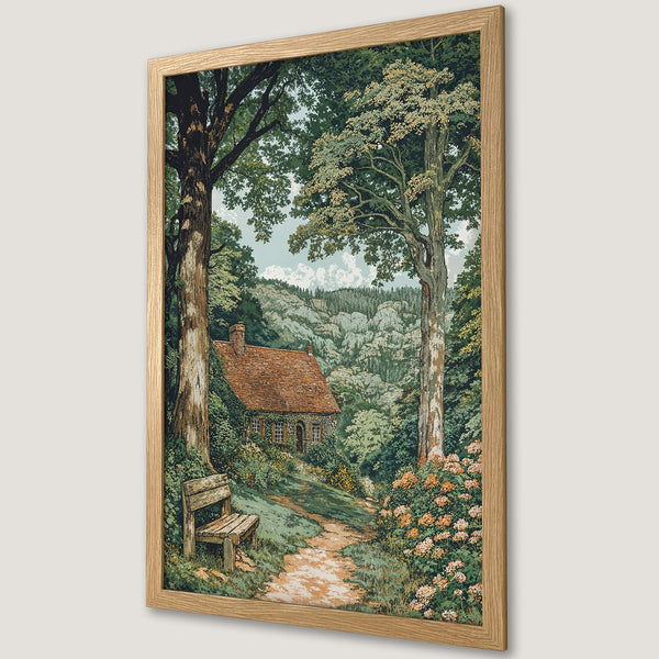 Framed Poster featuring a serene cottage scene in a vintage style with a green and earthy color palette. Perfect wall art for your home!