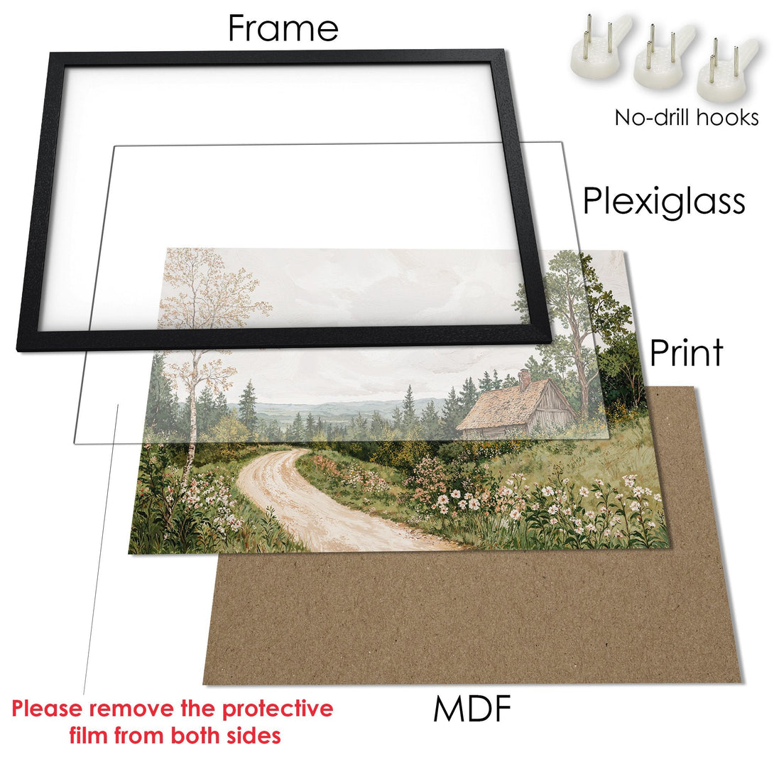 Framed Poster featuring a serene landscape painting with muted greens, browns, and whites. Perfect wall art for any room!