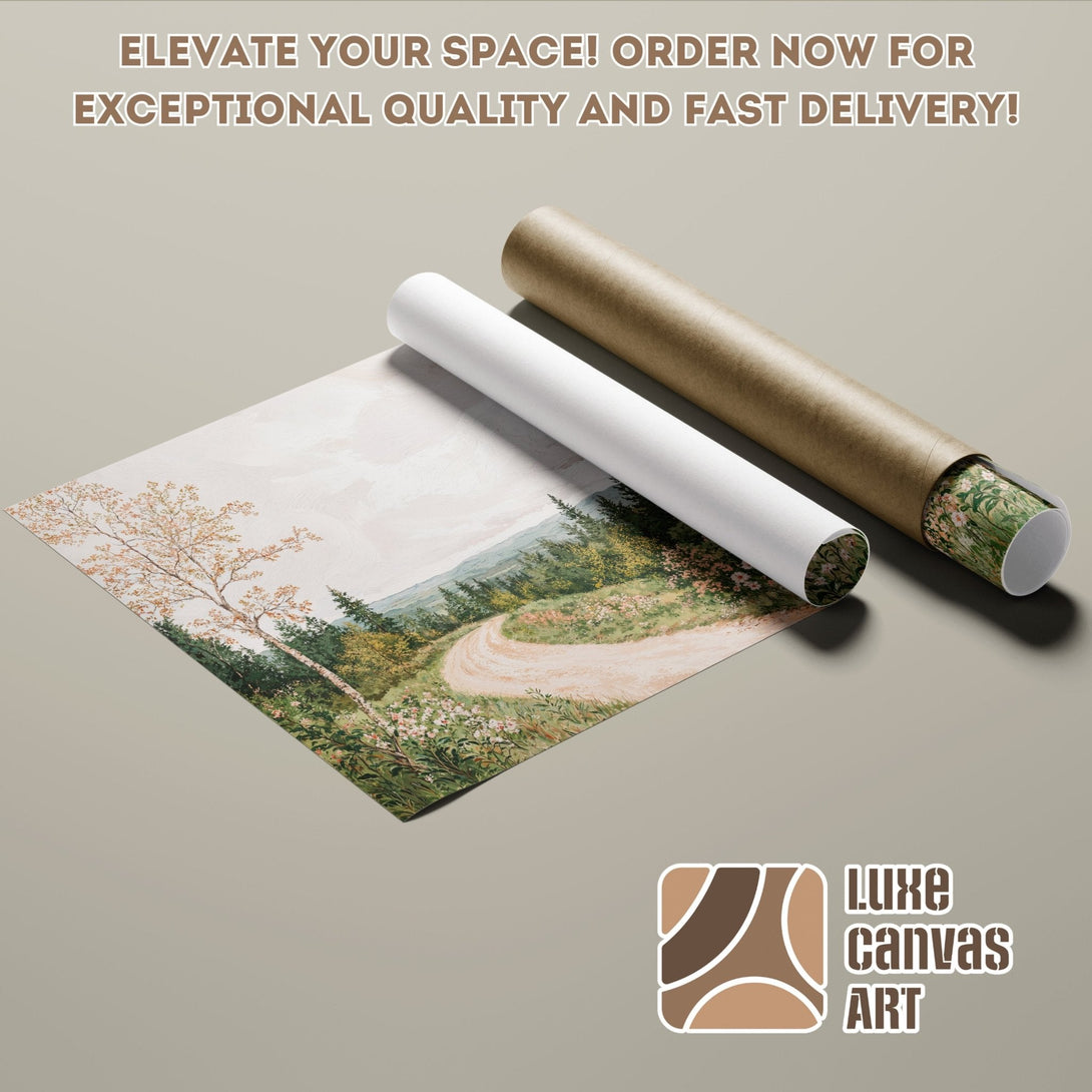 Poster Roll featuring a serene landscape art print in soft greens and browns. Elevate your space!