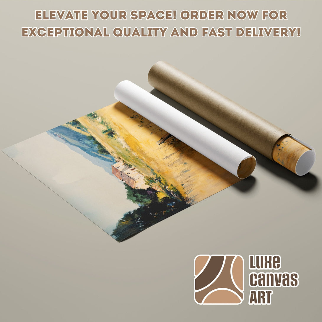 Poster Roll of landscape art in warm yellow and blue tones. Elevate your space!